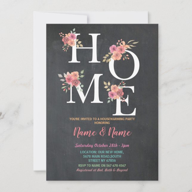 Housewarming Party HOME Floral Pink Chalk Moving Invitation (Front)