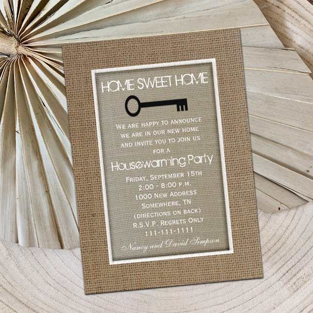 Housewarming Party Invitation Key on Burlap (Creator Uploaded)