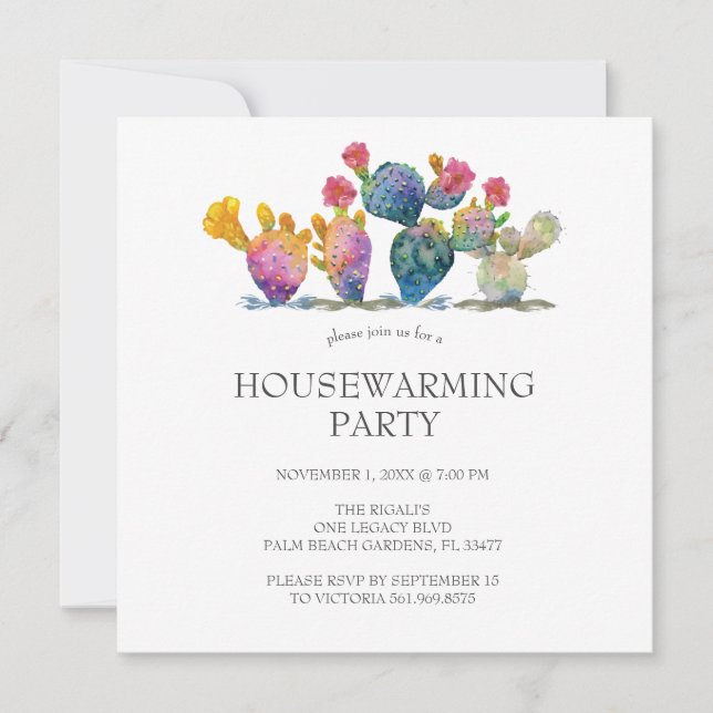 Housewarming Party Invitations Watercolor Cactus (Front)