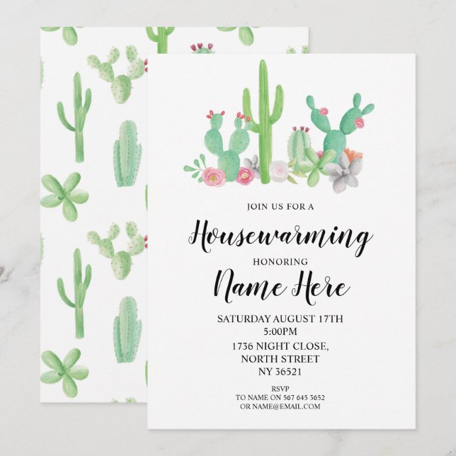 Housewarming Party Invite Cactus Watercolor Print (Front/Back)