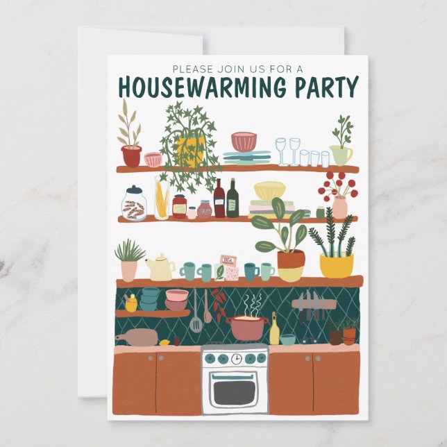 Housewarming Party Invite Cute Art Cozy Kitchen  (Front)