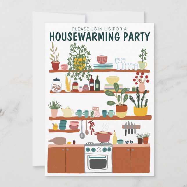 Housewarming Party Invite Cute Art Cozy Kitchen  (Front)