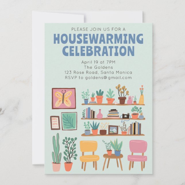 Housewarming Party Invite Cute Living Room Shelves (Front)