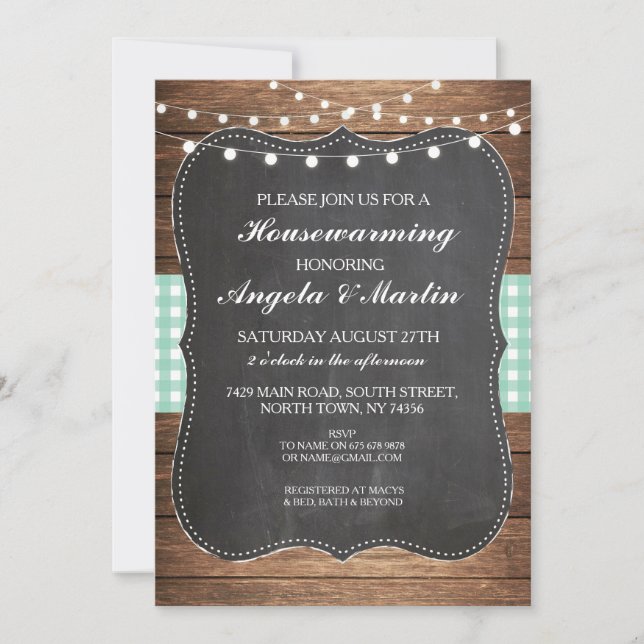 Housewarming Party Mint Check Wood Home BBQ Invite (Front)