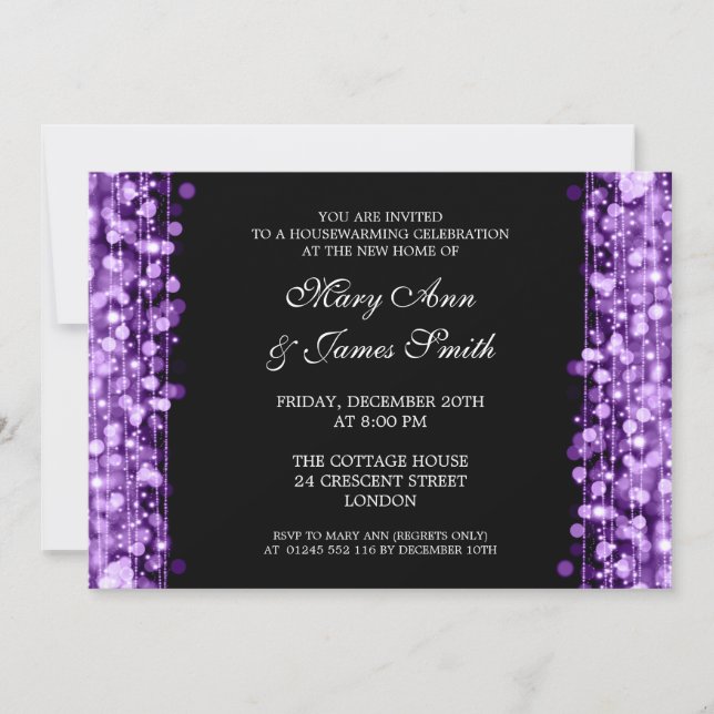 Housewarming Party Purple Lights & Sparkles Invitation (Front)