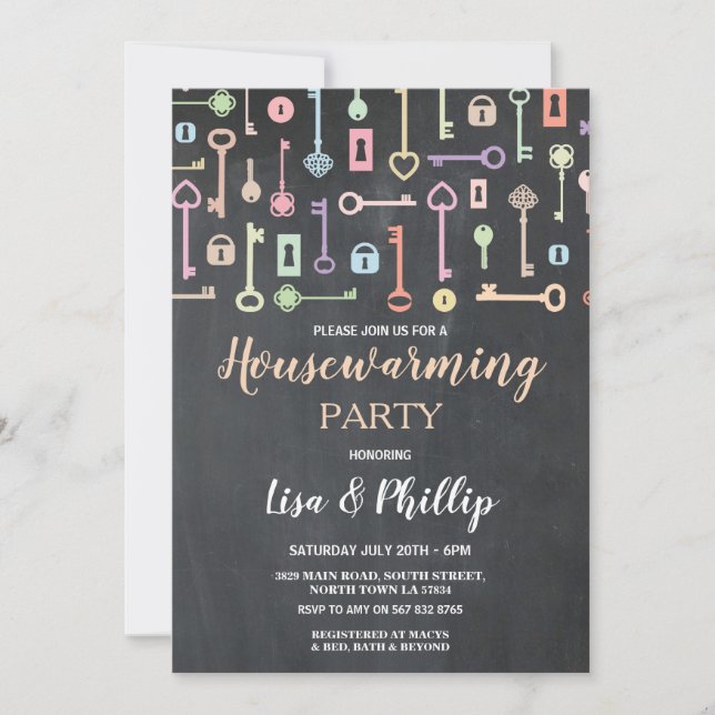 Housewarming Party Rustic Chalk Key Locks Digital Invitation (Front)