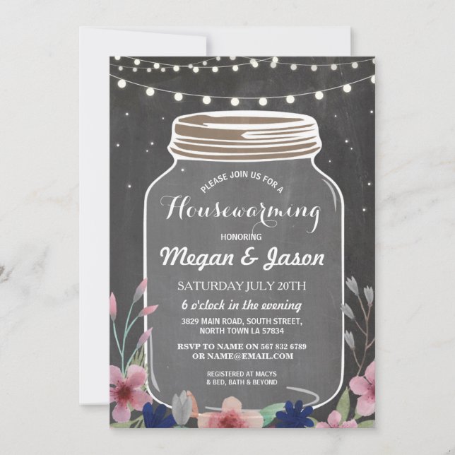 Housewarming Party Rustic Jar Chalk Floral Invite (Front)