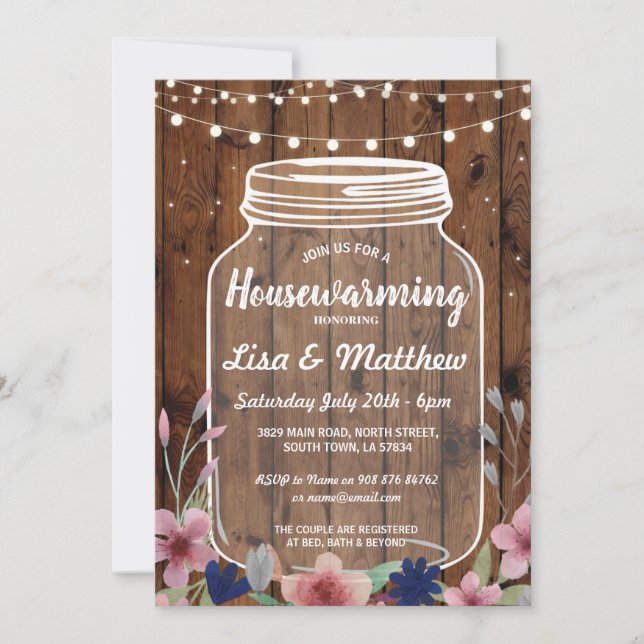 Housewarming Party Rustic Jar Wood Floral Invite (Front)