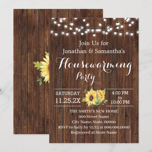 Housewarming Party Rustic Wooden Sunflowers Invitation (Front/Back)