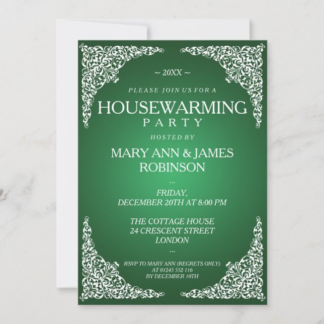 Housewarming Party Vintage Swirls Green Invitation (Front)