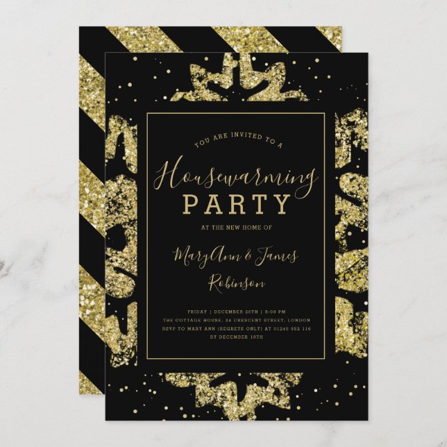 Housewarming Party | Winter Glitter Gold & Black Invitation (Front/Back)