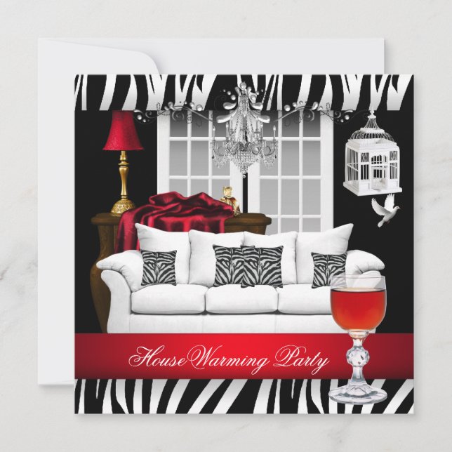 HouseWarming Red White Black Chandelier Zebra Invitation (Front)