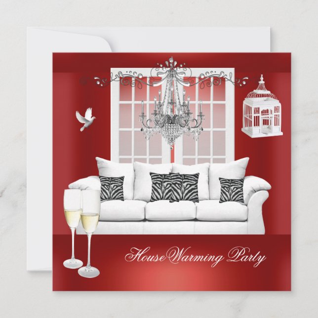 HouseWarming Red White Champagne Chandelier Invitation (Front)