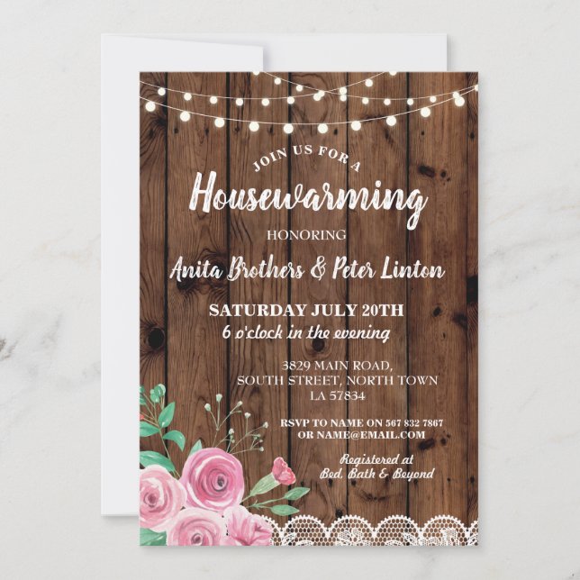 Housewarming Rustic Lace Wood Pink Floral Invite (Front)