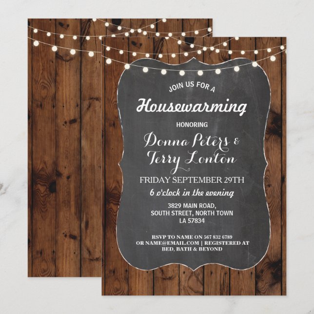 Housewarming Rustic Lights Wood Chalk Invite (Front/Back)