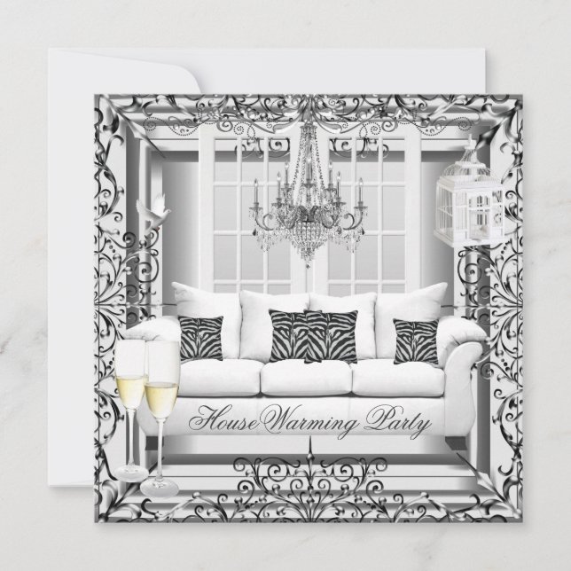 HouseWarming Silver White Champagne Chandelier Invitation (Front)