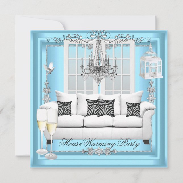 HouseWarming Teal Blue White Champagne Chandelier Invitation (Front)