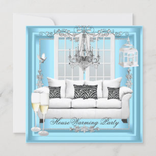 HouseWarming Teal Blue White Champagne Chandelier Invitation
