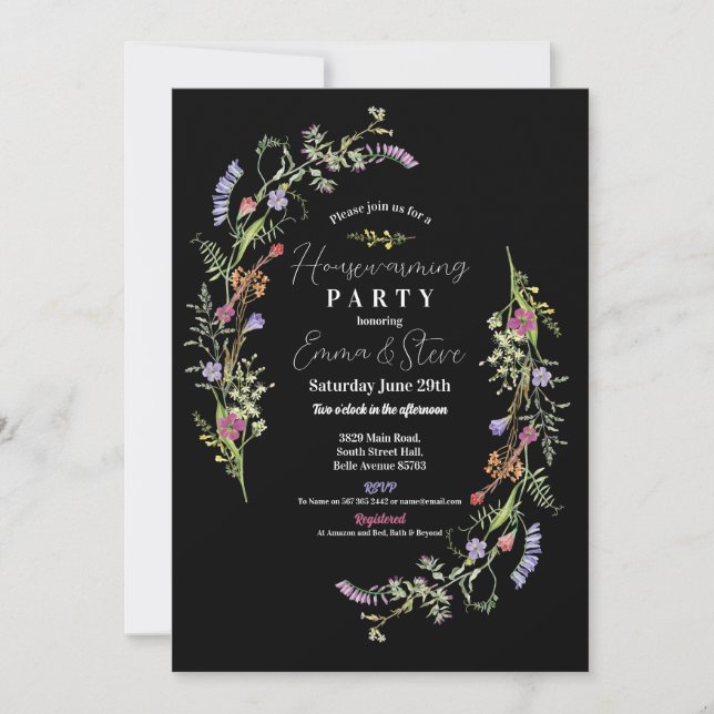 Housewarming Wildflowers Floral Ditsy Dark Invitation (Front)