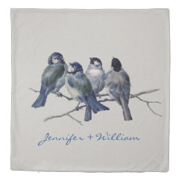Housse De Couette Aquarelle Beau Bleu Gris Oiseaux Nom personnalisé