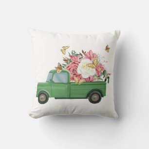 Housse de coussin de jet vintage verte avec fleur