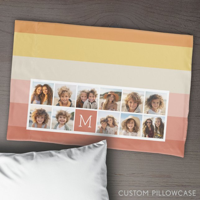 Housse D'oreillers 11 Photo Collage - Retro Stripes Coral Peach Gold (Create Your Own Photo Collage Pillowcase)