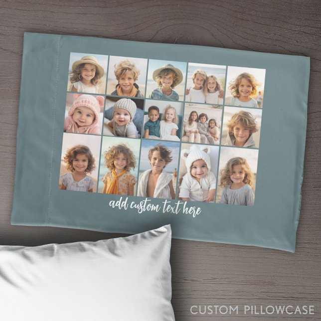 Housse D'oreillers 15 Grille de collage photo - Texte de script - ble (Create Your Own Photo Collage Pillowcase)