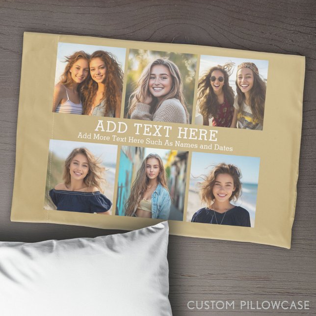 Housse D'oreillers 6 Collage photo 2 lignes de texte — Pastel Gold (Create Your Own Photo Collage Pillowcase)