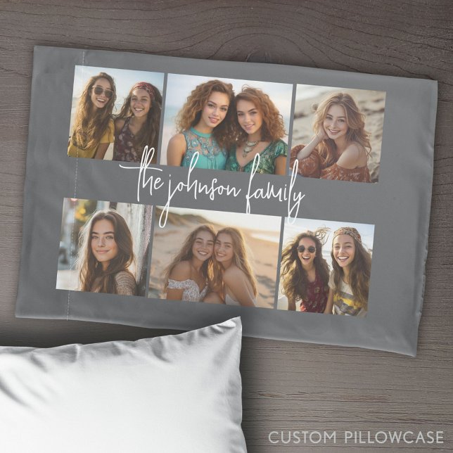 Housse D'oreillers 6 Grille de collage photo - Texte personnalisé bla (Create Your Own Photo Collage Pillowcase)