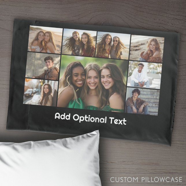 Housse D'oreillers 9 Collage de photos Texte facultatif — Blanc noir (Create Your Own Photo Collage Pillowcase)