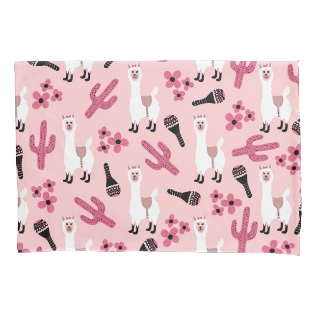 Housse D'oreillers Adorable Llama Maraca Cactus blanc rose floral (devant)