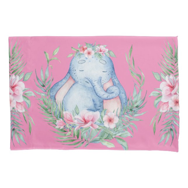 Housse D'oreillers Adorable Sleepy Elephant PInk Floral Kids Room (devant-gauche)