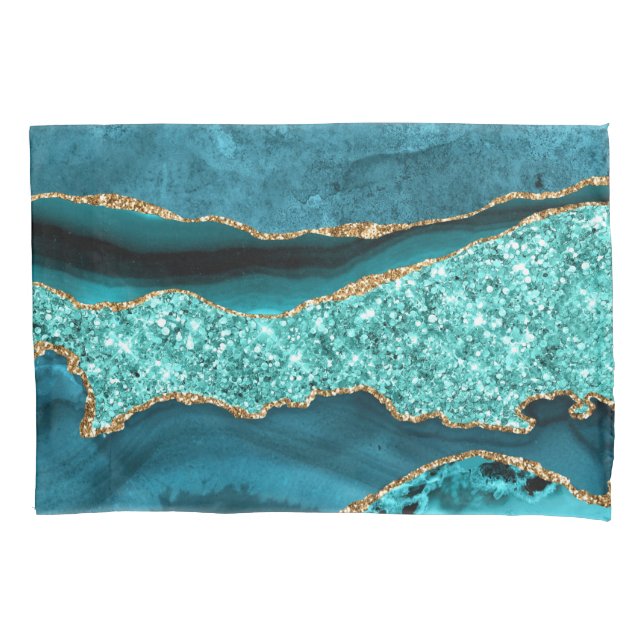 Housse D'oreillers Agate Turquoise Blue Gold Parties scintillant Marb (devant)