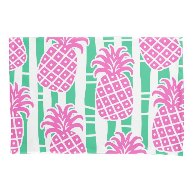 Housse D'oreillers Ananas Bambou rayures rose et Motif vert (devant-gauche)