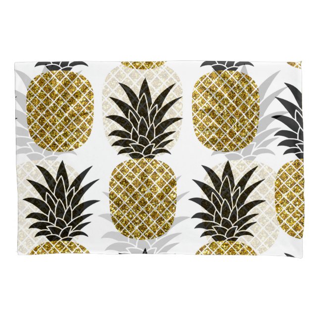 Housse D'oreillers Ananas En Or : Blanc Dessiné À La Main Sans Coutur (devant)