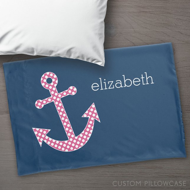 Housse D'oreillers Ancre de point rose Polka avec nom personnalisé Na (Custom Pillowcase)