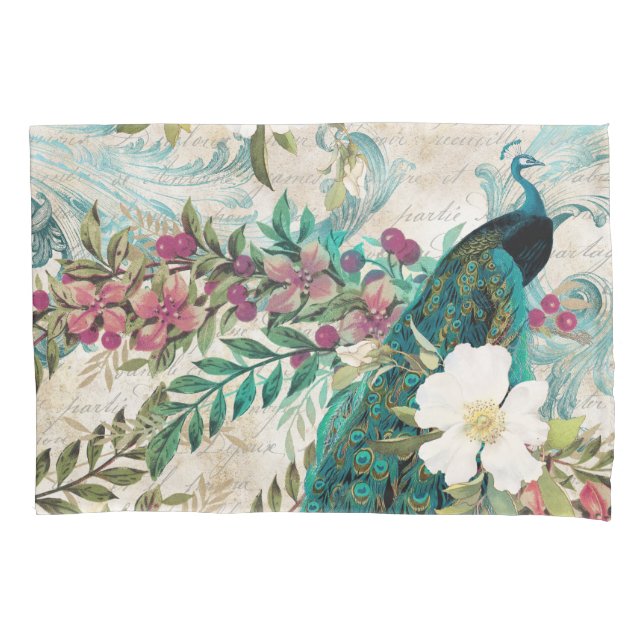 Housse D'oreillers Antique Peacock Illustré & Fleurs Grunge (devant)