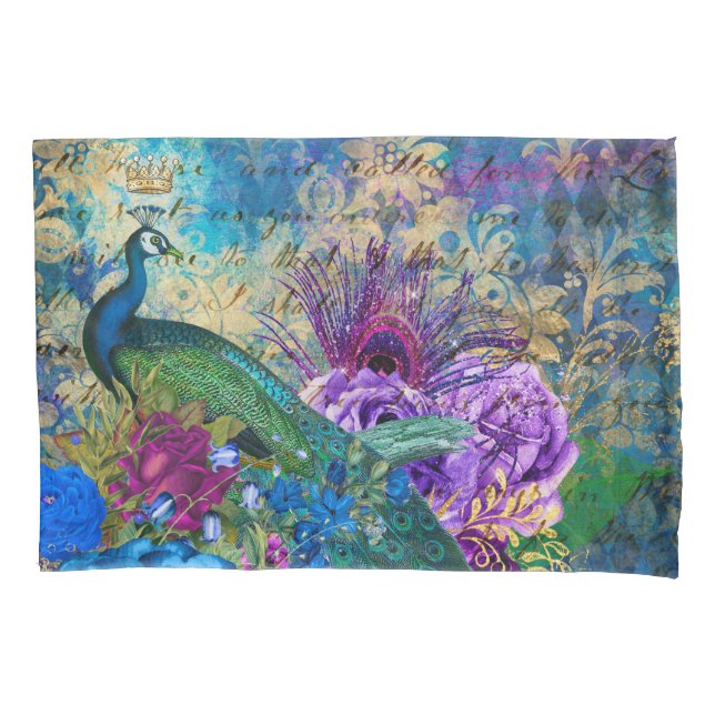 Housse D'oreillers Antique Peacock Illustré & Fleurs Grunge (devant)