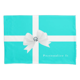 Housse D'oreillers Aqua Blue & White Elegant Glam Diamond Bow
