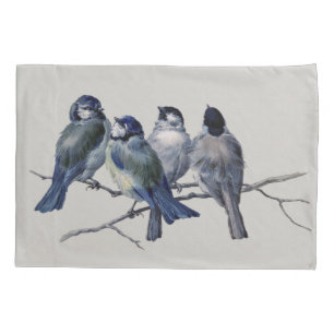 Housse D'oreillers Aquarelle Bleu Gris Oiseaux sur une branche