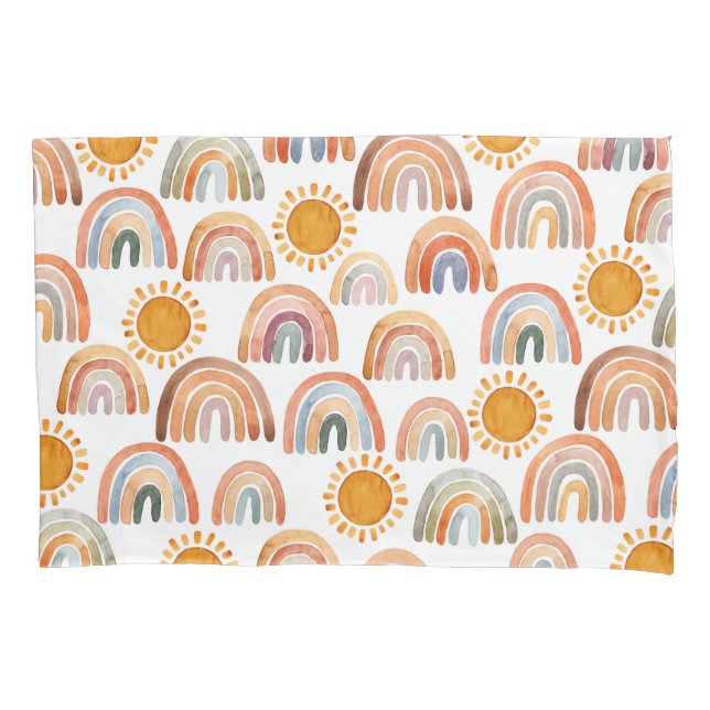 Housse D'oreillers Aquarelle Boho Rainbow et Sun (devant)