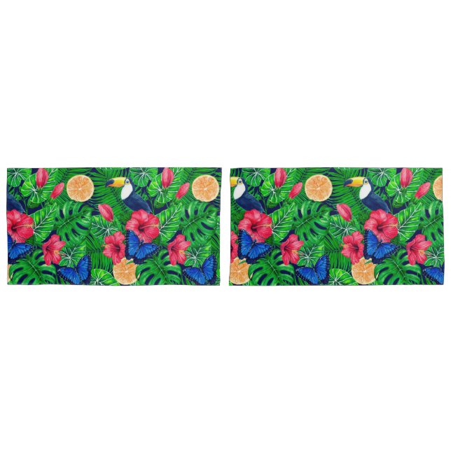 Housse D'oreillers Aquarelle de jardin toucan et tropical (devant-Set)