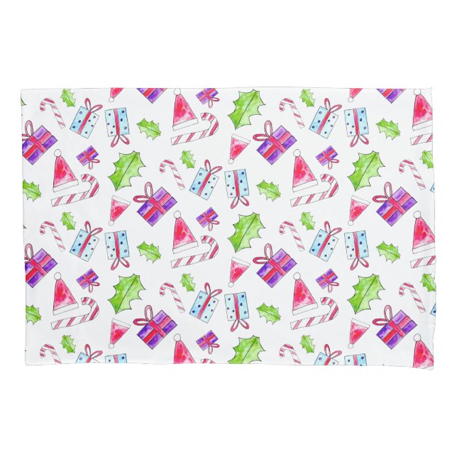 Housse D'oreillers Aquarelle Noël Illustration boîte cadeau Holly (devant)