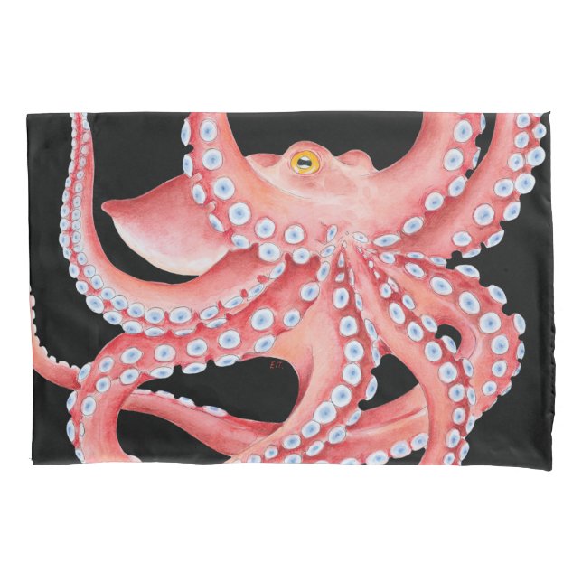 Housse D'oreillers Aquarelle rouge octopique en noir (devant)