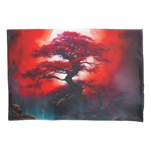 Housse D'oreillers Arbre rouge mystique sous la pleine lune (devant)