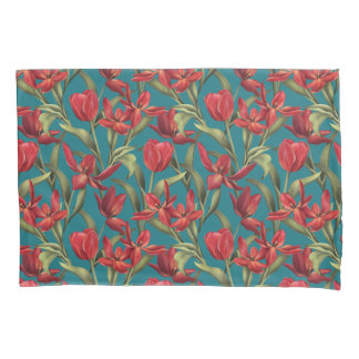 Housse D'oreillers Arrière - plan bleu du port avec tulipes rouges