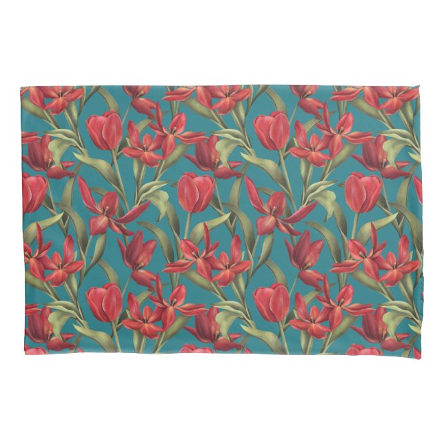 Housse D'oreillers Arrière - plan bleu du port avec tulipes rouges (devant)
