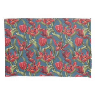 Housse D'oreillers Arrière - plan Turquoise de minuit avec tulipes ro