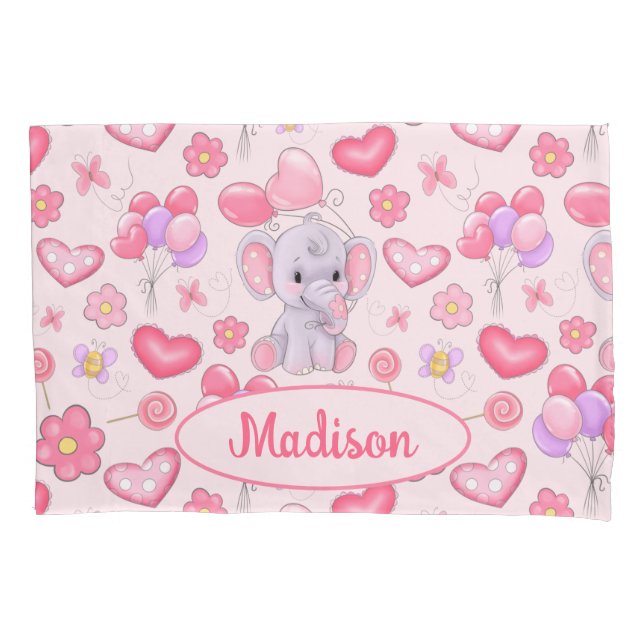 Housse D'oreillers Baby Custom Name Cute Rose Elephant Pillowcase (devant)