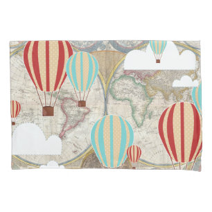 Housse D'oreillers Balloon à air chaud et carte du monde Aventure Vin